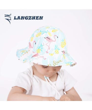 LANGZHEN Baby Girls Beach Sun Hat | Adjustable Wide Brim Toddler Hat with Chin Strap | Flamingo Print | 6-12 Months - Buy Online on SooperMarket.com