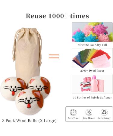 XL Cute Cat Face Wool Dryer Balls - Handmade Reusable Fabric Softener | Organic Shorten Drying Time | 3 Pack for 1000+ Loads - Buy Online on SooperMarket.com