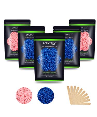 Hard Wax Beans 17.5Oz, Hair Removal Body European Brazilian Pearl Waxing Beans For Women Men Include 10 Waxing Spatulas For Bikini, Eyebrow, Face, Armpit 5 Packs 3 Blue &2 Pink