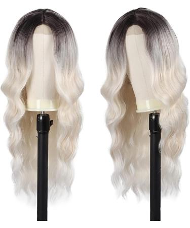 Long Wavy Wig Ombre Platinum Blonde Wigs for Women 24 Inch Middle Part Curly Synthetic Hair Natural Looking Heat Resistant Fiber for Daily Party Use (Ombre Platinum Blonde) - Buy Online on SooperMarket.com