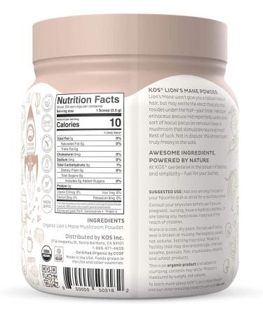 KOS Organic Lion's Mane Powder 12.84 oz - Enhance Focus & Cognitive Function - Buy Online on SooperMarket.com