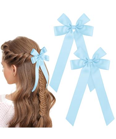 WLLHYF 2PCS Silky Satin Hair Bows Hair Clip French Hair Ribbon Ponytail Holder Metal Slides Barrette Alligator Clips Big Long-tail Aesthetic Hair Accessories for Women Girls(Blue)
