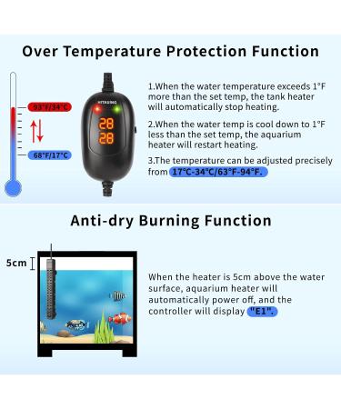 Hitauing Aquarium Heater 500W - Over Temperature Protection Auto Shutdown for Fresh & Saltwater (300-500L) - 50W/100W/300W Options Available - Buy Online on SooperMarket.com