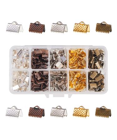 PH PandaHall 400PCS 5 Color Iron Ribbon Ends Bracelet Bookmark Pinch Clamp Cord Ends Fasteners Clasp Leather Crimp Ends Choker Jewelry Making Findings 10x7mm