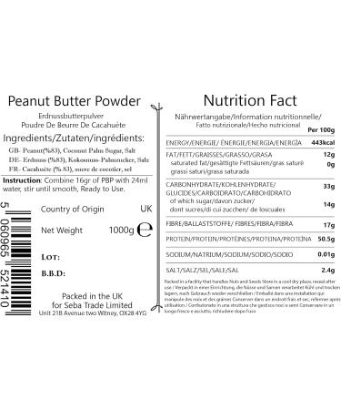 Seba Garden Peanut Butter Powder 1kg Defatted Healthy Plant Based Vegan Protein Non-GMO Certified Gluten Free and Vegan Keto Friendly Low Carb and Bpa-free 1 kg (Pack of 1) - Buy Online on SooperMarket.com