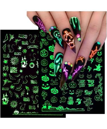 Halloween Nail Art Stickers Glow in The Dark Nail Decals 3D Self-Adhesive Fluorescent Nail Stickers Skull Spider Witch Ghost Pumpkin Bat Snake Nail Design for Women and Girls DIY Acrylic Nail - Buy Online on SooperMarket.com