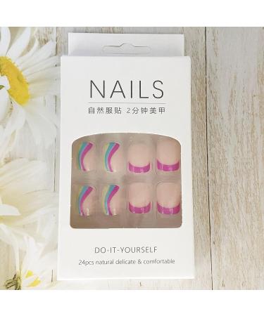 Colorful Waves French Tip Press on Nails - Glossy Blue & Pink Swirl Design | 24Pcs - Buy Online on SooperMarket.com
