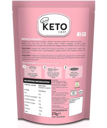 Keto Chef Vegan Lasagne Pasta Sheets 270g - Zero Carb Konjac Shirataki, Free-From Flour, Paleo & Low Calorie - Ready to Eat - Buy Online on SooperMarket.com