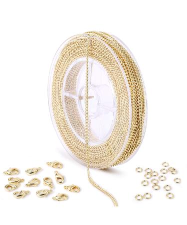 33FT Gold Chain, 2mm Thin Gold Chain with 50PCS Open Jump Rings 20PCS Lobster Clasps, 14k Gold Plated Curb Chain Bulk for Necklace Making Jewelry Craft Gold - 2.0 mm