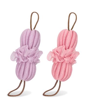 Toplive 2Pcs Bath Shower Loofah Sponge Long Stretch Back Sponge Exfoliating Back Scrubber for Shower for Women and Men-Pink+Purple