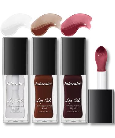 3 Colors Lip Glow Oil Set Big Brush Hydrating Brown Sugar Sheer Tinted Lip Gloss Long Lasting Waterproof Non-Stick Cup Lip Stain Lip Care Makeup Plumping High-pigment Lip Balm #2+#3+#4