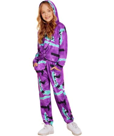 Hopeac Girls 2-Piece Tie Dye Set | Twist Front Top & Sweatpants | Purple, Green, Black | 5-6 Years - Buy Online on SooperMarket.com