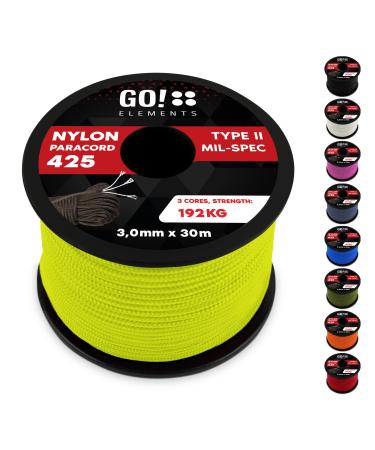Go! Elements 30m Paracord rope made of tear -resistant nylon - 3mm Paracord 425 Type II max. 192kg - cords as outdoor rope all -purpose rope survival rope bracelet dog line nylon cord color: neon neon 30 meters