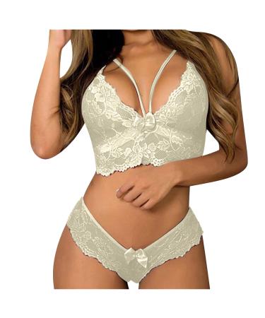 ctdiral Lingerie Sets for Women 2 Piece Sexy Hollow Out Cute Lace Push Up Bra and Thong Underwears Beige X-Large