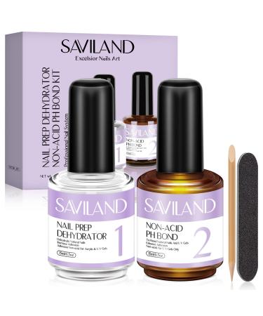 Saviland Nail Dehydrator and Non-acid PH Bond Set - Nail Prep Dehydrate and Acid-free PH Bond, Fast Air Dry Long-Lasting Superior Bonding Nail Prep Set for U V Gel Nail Polish Acrylic Powder Gift Box Set