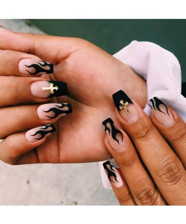 Luvadeyo 24 PCs Short Press on Nails Black Flame Square Fake Nails Matte False Nails Full Cover Acrylic Nails Artificial Glue on Nails Party Black Flames