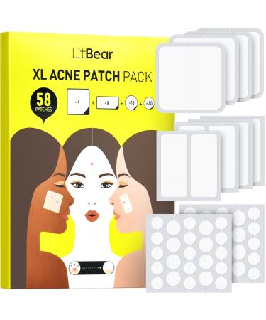 LitBear Large Pimple Patches Acne Patches for Face Chin Cheek Forehead Large Zit Hydrocolloid Bandages for Body Acne Spot Sticker with Tea Tree Oil and Salicylic Acid (4 Sizes 58 Patches)
