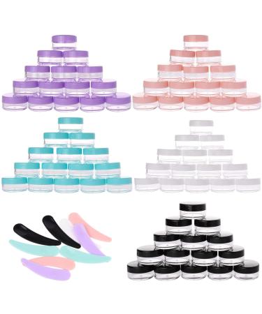 100 Count 10 gram Small Round Sample Containers with lids Cosmetic Jars Plastic Jars Makeup Containers Lip Scrub Containers Leak Proof and 10Pcs Mask Spatula for Beauty Products 10g Multi color