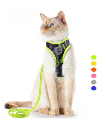 Supet Cat Harness and Leash Set Stylish Escape Proof Cat Vest Harness Adjustable Breathable Pet Harness with Reflective Trim Step-in Cat Leash and Harness for Cats Puppies S(Chest:9.6-15.7'') Green