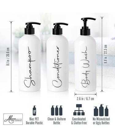 Alora 16oz Reusable Shampoo and Conditioner Bottles - Set of 3 - White - Easy to read Lettering - Pump Bottle Dispenser for Shampoo Conditioner Body Wash - Empty Plastic Refillable Containers Set of 3 White - Buy Online on SooperMarket.com