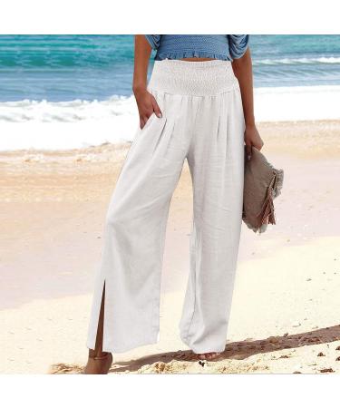 Viyabling Women's Summer Linen Palazzo Beach Pants - Elastic Waist Wide Leg Trousers in White | Medium - Buy Online on SooperMarket.com