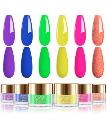 Lavender Violets 14g x 6 Colors Dip Powder Bright Pink Summer Blue Green Yellow Purple Neon Colours Party Time French Nail Art Manicure Dipping Powder Nail Kit J222