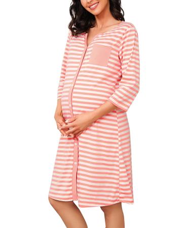 Marvmys Maternity Nightdress For Hospital Breastfeeding Nightwear 3/4 Length Sleeves Nursing Nightgown Button Down Sleep Shirt V Neck Pajama Soft Loungwear For Pregnant Women A-pink XL