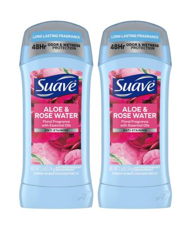 Suave Deodorant for Women Aloe & Rose Water Invisible Solid Antiperspirant Deodorant Stick 48H Protection Anti-Staining Cruelty-Free Scented 2.6 Oz (Pack of 2)