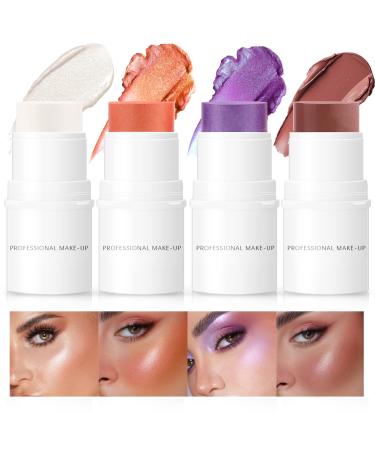 HOSAILY 4 Colors Cream Blush Highlighter Contour Blush Stick Creamy Cosmetics Stick Set 4 in 1 Waterproof and Long Lasting Bronze Stick Moisturizer Makeup Sticks 0.25 Ounce (Pack of 4)