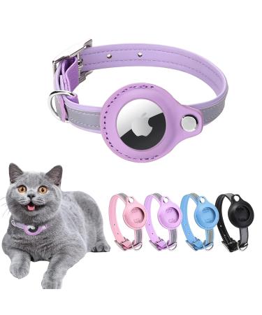 Airtag cat neck band leather Airtag collar cat reflectively adjustable GPS cat neck band Airtag case for tracking cat anti-lost airtail cat for large/medium-sized/small cat (s purple small (24-31) purple