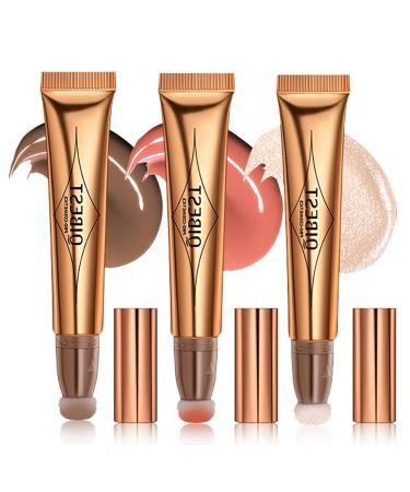 Yeweian 3PCS Liquid Contour Beauty Wand, Liquid Blush Highlighter Makeup Stick with Applicator, Cream Bronzer Stick Natural Matte Finish, Lightweight Blendable Cream Contour Highlighter Blush Wand, Cruelty-free(01+02+04) #01Contour+02Blush+04Highlighter