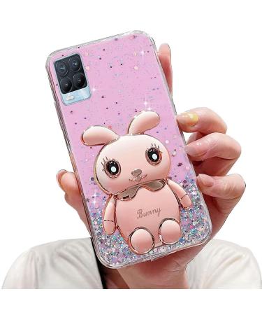 Tivenfezk nadoli for oppo realme 8 4G hare hidden stand shell caricature glitter rabbits stand soft silicone bling cell phone case transparent protective cover ocpo realme 8 4g pink