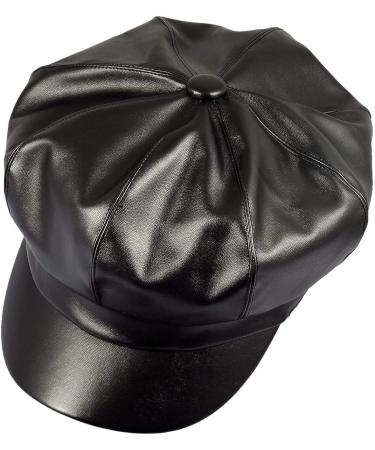 Samtree Women's PU Leather Black Newsboy Visor Beret Cabbie Hat - Stylish 8 Panel Ivy Cap - Buy Online on SooperMarket.com