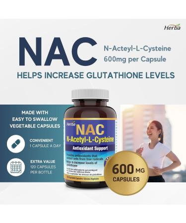 Herba NAC Supplement 600mg 120 Vegetable Capsules | N-Acetyl-L-Cysteine | NAC Supplement 600 mg for Antioxidant | Premium & Pure | Made in Canada | 120 Capsules - Buy Online on SooperMarket.com