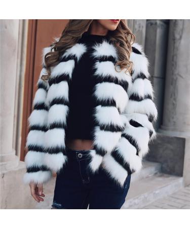 Women's Elegant Cropped Faux Fur Party Coat - Black & White Stripe Colorblock - Size XL - Buy Online on SooperMarket.com