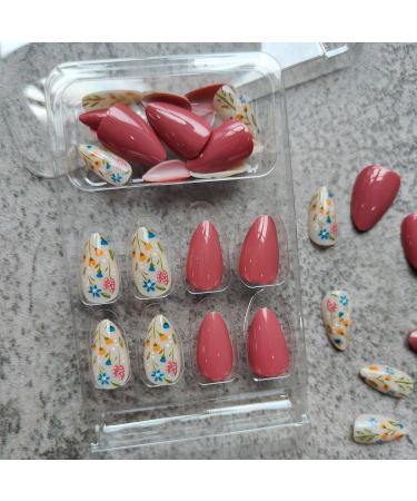 Almond Press on Nails - Short Floral Acrylic Nails Kit | Glossy Fall Design | 24Pcs Reusable Stick On Nails for Women & Girls - Buy Online on SooperMarket.com