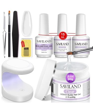 Saviland Builder Nail Gel Kit - Clear 5-In-1 Builder Base Gel & Clear Hard Gel for Nail Strengthen and Nail Repair Nail Extension Gel Kit for Home DIY Clear Builder Nail Gel Kit