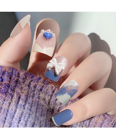Luvadeyo Pack of 24 Stick-on Nails | French Wave Lines | Long Blue & White Artificial Fingernails | Acrylic Press-On Nail Tips for Women & Girls - Buy Online on SooperMarket.com