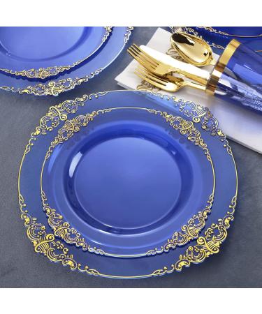 Nervure 175PCS Clear Blue Plastic Plates with Gold Trim - Ideal for Weddings & Parties - Buy Online on SooperMarket.com