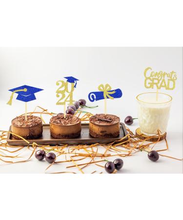 Pack of 24 Glitter 2024 Graduation Cupcake Toppers Graduation Cupcake Toppers Bachelor Hat Decoration Graduation Decoration for Graduation Party Decoration (Blue & Gold) - Buy Online on SooperMarket.com