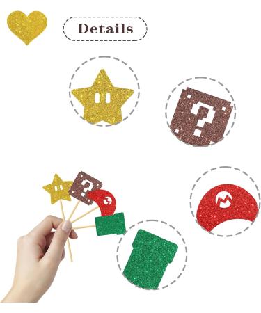 MonMon & Craft Mario Cupcake Toppers - Girls Boys Children Birthday Cupcake Toppers - Video Game Dessert Decor - Baby Shower Birthday Party Decorations Glitter - 24 Pcs - Buy Online on SooperMarket.com