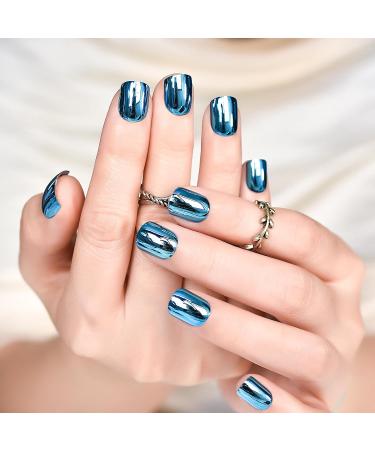 Buy iMABC Blue Metallic Press On Nails - Medium Squoval Reusable Fake Nail Art for Women & Girls | Perfect for Home Office & Parties - Buy Online on SooperMarket.com
