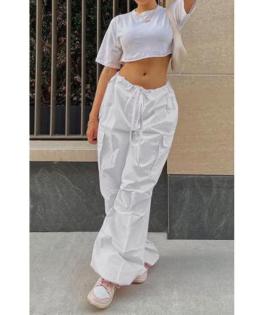 FEOYA Women Baggy Cargo Pants Drawstring Loose Straight Leg Hip Hop Parachute Pant - Y2K Egirl Joggers - White (Size Small) - Buy Online on SooperMarket.com