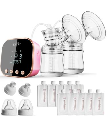 Double electrical milk pump breast milk sucker with 10 storage bags and adapter mechanical button pain-free strong suction rechargeable portable silicone silent pumps (Rosa) LU-01-B 2.Rosa
