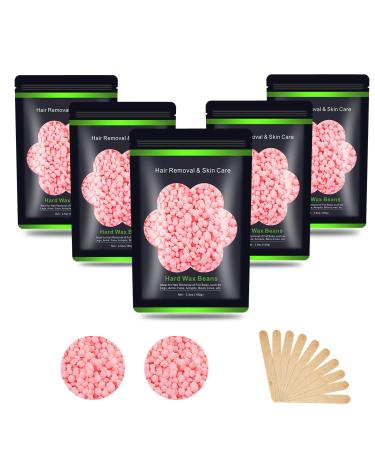 Hard Wax Beans 17.5Oz, Hair Removal Body European Brazilian Pearl Waxing Beans For Women Men Include 10 Waxing Spatulas For Bikini, Eyebrow, Face, Armpit 5 Packs 5 Pink