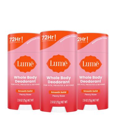 Lume Whole Body Deodorant - Smooth Solid Stick - 72 Hour Odor Control - Aluminum Free Baking Soda Free and Skin Loving - 2.6 Ounce (Pack of 3) (Peony Rose) Peony Rose 2.6 Ounce (Pack of 3)