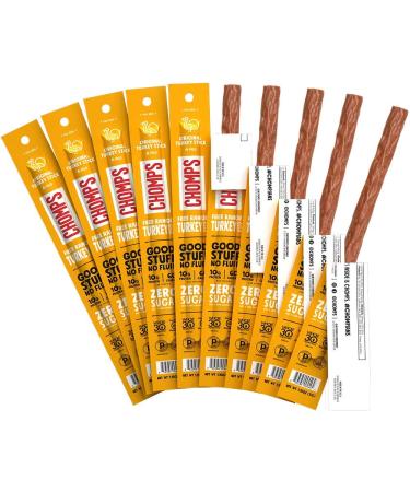CHOMPS Free Range Turkey Jerky Meat Snack Sticks, Keto, Paleo, Whole30 Approved, Low Carb, High Protein, Sugar Free, Gluten Free, Non-GMO, 60 Calories 1.15 Oz Sticks, Original Turkey 10 Pack