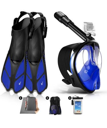 Odoland 5-in-1 Snorkeling Packages, Full Face Snorkel Mask with Adjustable Swim Fins, Lightweight Backpack and Waterproof Case, Anti-Fog Anti-Leak Snorkeling Masks Gear for Men Women Adult Blue L(Mask4.7"/ Fins 4.5-8.5)