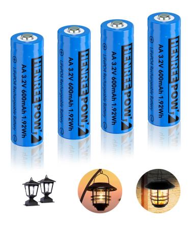 Henreepow AA 3.2V 600mAh LiFePo4 Rechargeable Battery AA 3.2V 600mAh Rechargeable Battery Low Self-Discharge 3.2v AA Rechargeable Batteries for Solar Lights Solar Post Lights(3.2v-AA-4pack)