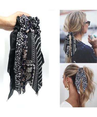 Black Floral/Striped Scarf Scrunchie Set - 5pcs Chiffon/Silk Hair Ties for Women - Buy Online on SooperMarket.com